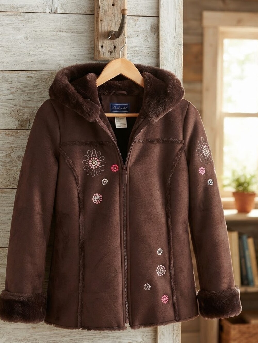 Rothschild Brown Faux-Shearling Hooded Puffer Jacket with Floral Appliqué